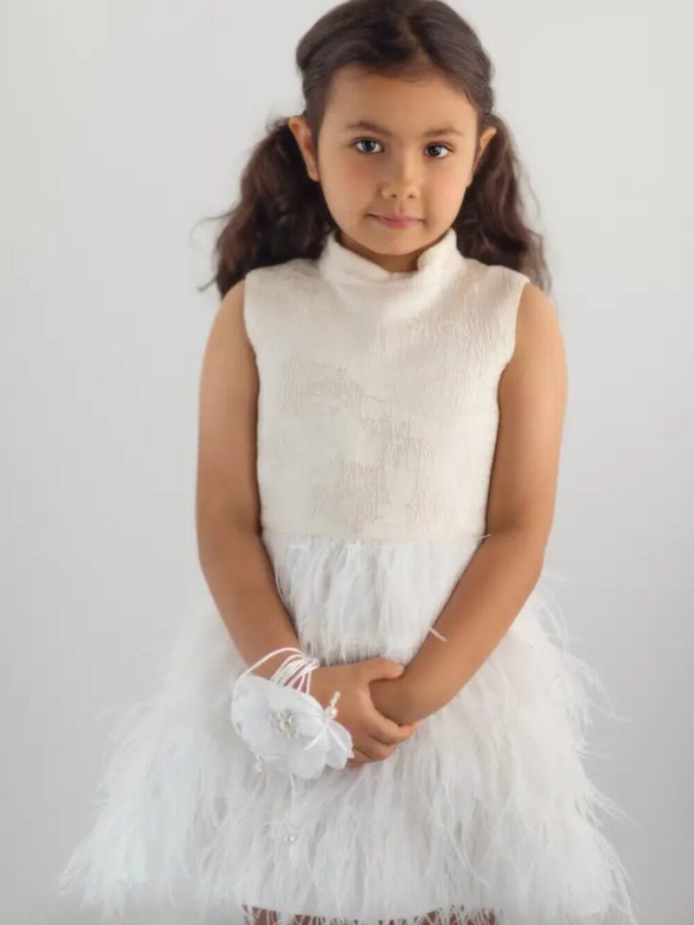 NWT Petite Maison Kids Eliza Ivory Ostrich Feather Dress Size 8